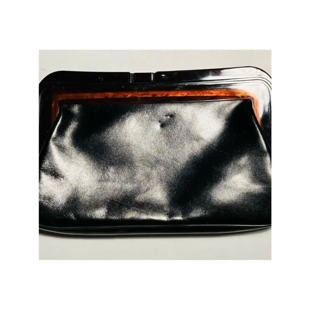 Vintage 70’s Margolm Patent Leather Clutch with Tortoiseshell Frame ~ Black